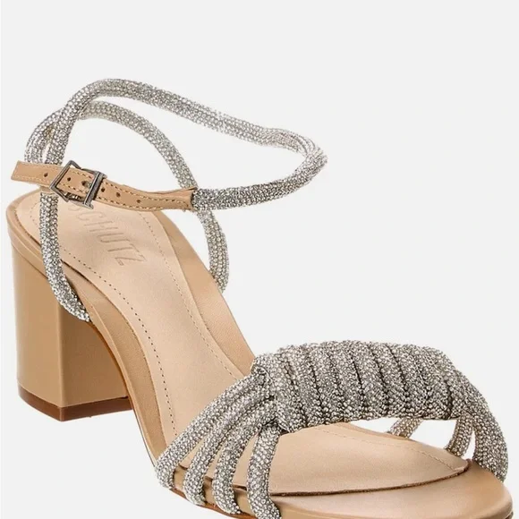 SCHUTZ Silver and Tan Strappy Heels with Block Heel - Picture 1 of 5